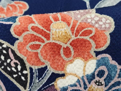 平和屋着物■上質な小紋　型染め　草花文　椿　鬼しぼ縮緬　正絹　逸品　DABI1774qa