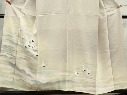 平和屋着物■染色作家　安達華生　訪問着　風景群鶴文　正絹　逸品　DABI1783qa