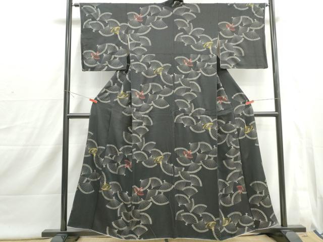 平和屋着物■上質な小紋　扇面尽くし文　黒地　正絹　逸品　DABI1788qa