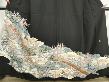 平和屋着物■豪華黒留袖　作家文　渡橋風景花文　松竹梅　金銀彩　正絹　逸品　DABI1793qa