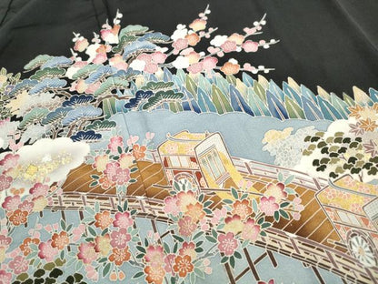 平和屋着物■豪華黒留袖　作家文　渡橋風景花文　松竹梅　金銀彩　正絹　逸品　DABI1793qa