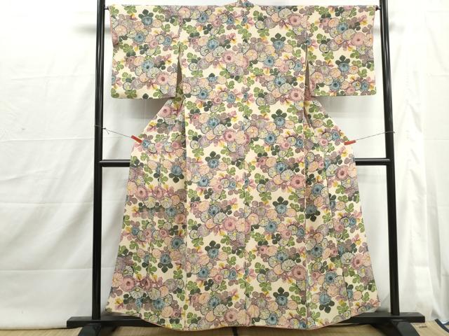 平和屋着物■上質な小紋　型染め　菊尽くし　鬼しぼ縮緬　正絹　逸品　DABI1804qa