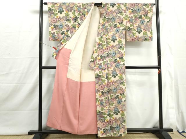平和屋着物■上質な小紋　型染め　菊尽くし　鬼しぼ縮緬　正絹　逸品　DABI1804qa