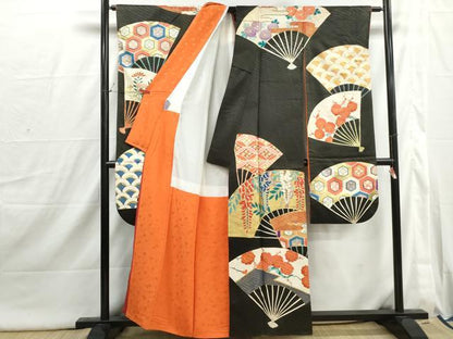 平和屋着物■豪華振袖　駒刺繍　扇面花文　金彩　正絹　逸品　DABI1827qa