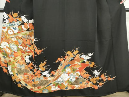 平和屋着物■豪華黒留袖　駒刺繍　枝梅牡丹文　金彩　正絹　逸品　DABI1848qa