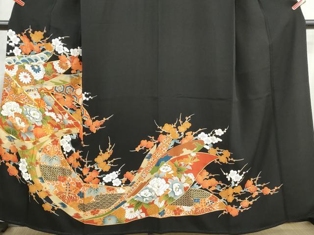 平和屋着物■豪華黒留袖　駒刺繍　枝梅牡丹文　金彩　正絹　逸品　DABI1848qa