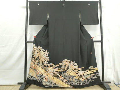 平和屋着物■豪華黒留袖　駒刺繍　渡橋鴛鴦花文　松竹梅　笹の葉　松寿　金彩　正絹　逸品　DABI1850qa
