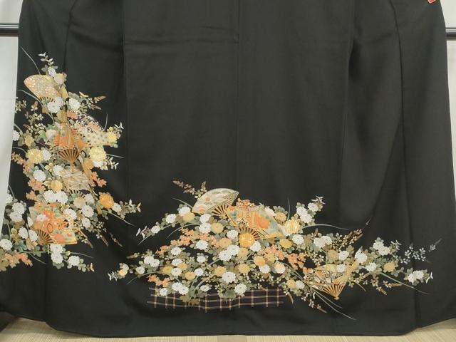 平和屋着物■豪華黒留袖　駒刺繍　扇面御所車花文　金彩　正絹　逸品　DABI1855qa