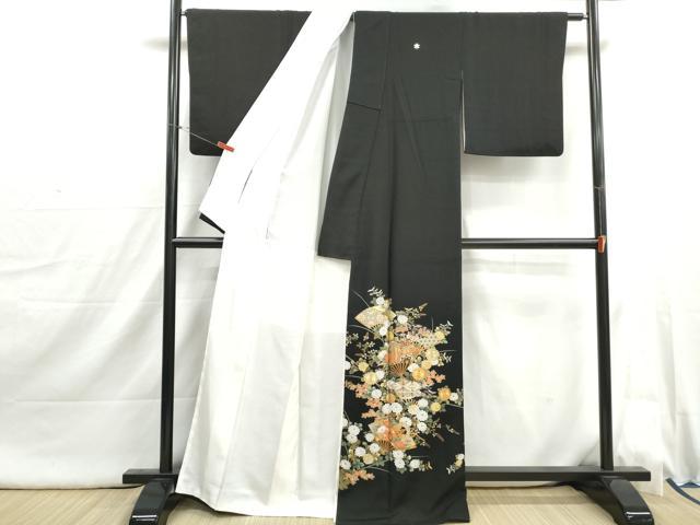 平和屋着物■豪華黒留袖　駒刺繍　扇面御所車花文　金彩　正絹　逸品　DABI1855qa