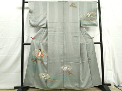 平和屋着物■染色作家　青木龍雲　訪問着　地紙人物花文　能面　暈し染め　金彩　正絹　逸品　DABI1859qa