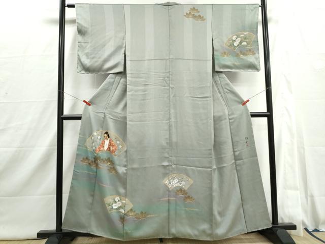 平和屋着物■染色作家　青木龍雲　訪問着　地紙人物花文　能面　暈し染め　金彩　正絹　逸品　DABI1859qa