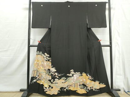 平和屋着物■豪華黒留袖　駒刺繍　御所車花文　松竹梅　金銀彩　正絹　逸品　DABI1862qa