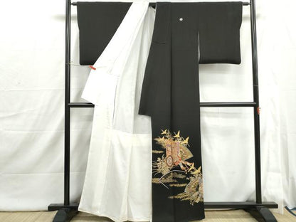 平和屋着物■豪華黒留袖　駒刺繍　御所車飛鶴花文　金彩　正絹　逸品　DABI1865qa