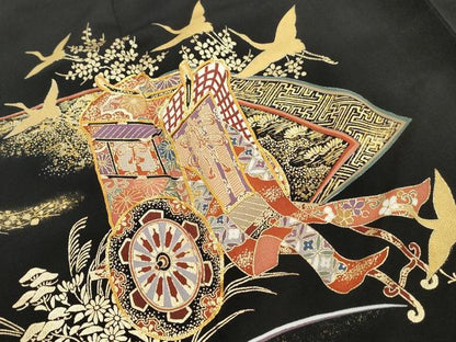 平和屋着物■豪華黒留袖　駒刺繍　御所車飛鶴花文　金彩　正絹　逸品　DABI1865qa