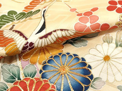 平和屋着物■豪華振袖　駒刺繍　流水飛鶴花文　松竹梅　金彩　正絹　逸品　DABI1871qa