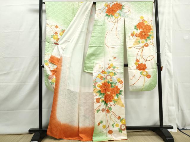 平和屋着物■豪華振袖　駒刺繍　檜扇花文　牡丹　暈し染め　金彩　正絹　逸品　DABI1876qa