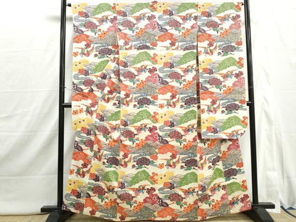 平和屋着物■豪華振袖　型染め　流水花鳥文　正絹　逸品　DABI1881qa