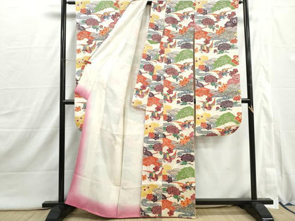 平和屋着物■豪華振袖　型染め　流水花鳥文　正絹　逸品　DABI1881qa