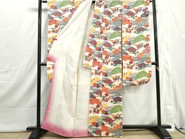 平和屋着物■豪華振袖　型染め　流水花鳥文　正絹　逸品　DABI1881qa