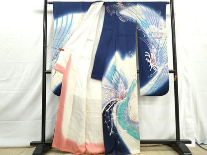 平和屋着物■豪華振袖　刺繍　舞蝶文　暈し染め　銀彩　正絹　逸品　DABI1883qa