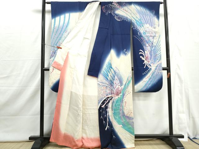 平和屋着物■豪華振袖　刺繍　舞蝶文　暈し染め　銀彩　正絹　逸品　DABI1883qa
