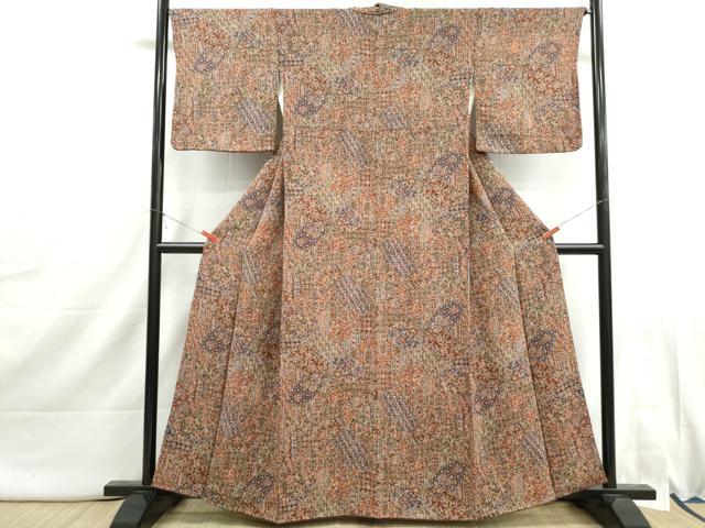 平和屋着物■上質な小紋　切嵌更紗花文　鬼しぼ縮緬　正絹　逸品　DABI1892qa