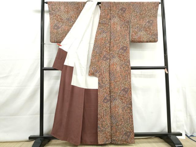 平和屋着物■上質な小紋　切嵌更紗花文　鬼しぼ縮緬　正絹　逸品　DABI1892qa