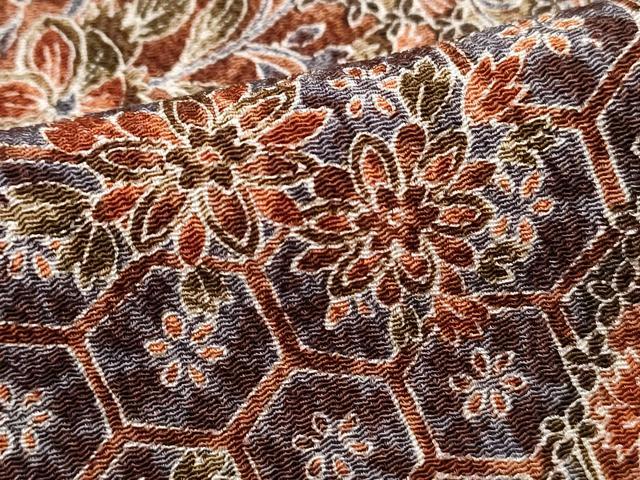 平和屋着物■上質な小紋　切嵌更紗花文　鬼しぼ縮緬　正絹　逸品　DABI1892qa