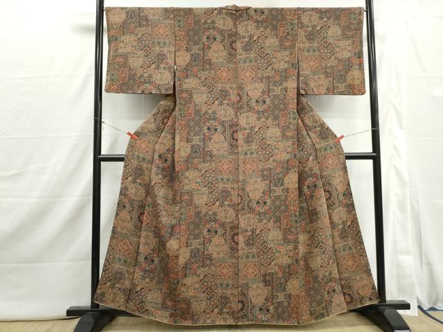 平和屋着物■上質な小紋　幾何学花鳥文　鬼しぼ縮緬　正絹　逸品　DABI1898qa