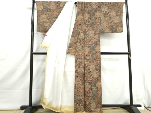 平和屋着物■上質な小紋　幾何学花鳥文　鬼しぼ縮緬　正絹　逸品　DABI1898qa