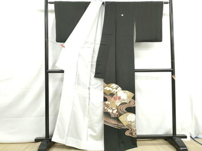 平和屋着物■豪華黒留袖　刺繍　流水地紙花松文　金彩　正絹　逸品　DABI1911qa