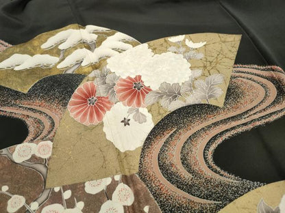 平和屋着物■豪華黒留袖　刺繍　流水地紙花松文　金彩　正絹　逸品　DABI1911qa