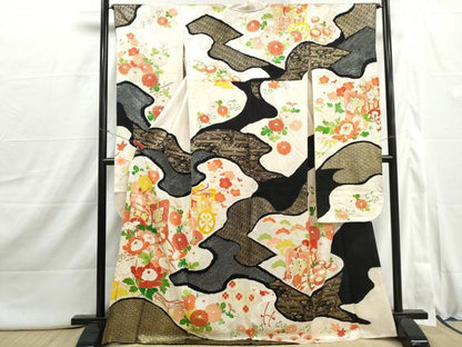 平和屋着物■豪華振袖　駒刺繍　絞り　道長御所車花文　金彩　正絹　逸品　DABI1912qa