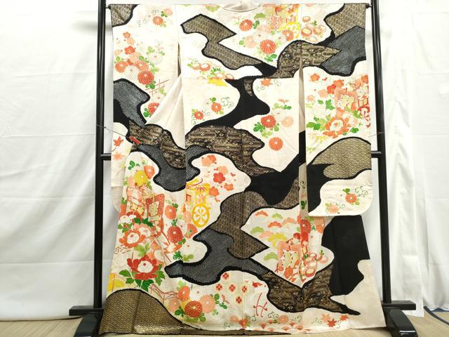 平和屋着物■豪華振袖　駒刺繍　絞り　道長御所車花文　金彩　正絹　逸品　DABI1912qa