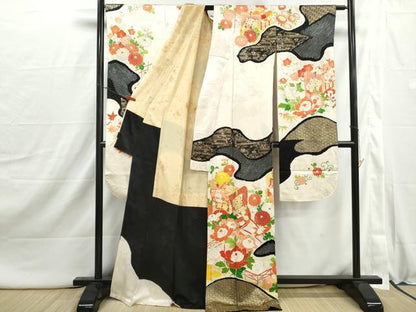平和屋着物■豪華振袖　駒刺繍　絞り　道長御所車花文　金彩　正絹　逸品　DABI1912qa