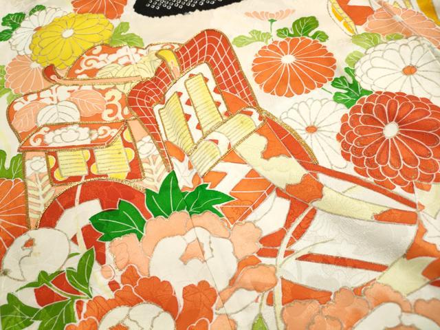 平和屋着物■豪華振袖　駒刺繍　絞り　道長御所車花文　金彩　正絹　逸品　DABI1912qa