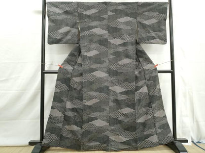 平和屋着物■小紋　切嵌花文　黒地　洗える着物　DABI1933qa