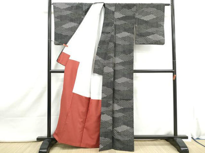 平和屋着物■小紋　切嵌花文　黒地　洗える着物　DABI1933qa
