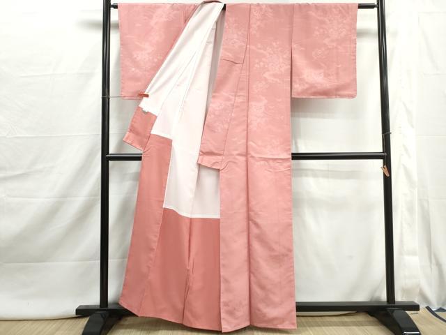 平和屋着物■色無地　花車地紋　紅梅色　洗える着物　DABI1990qa