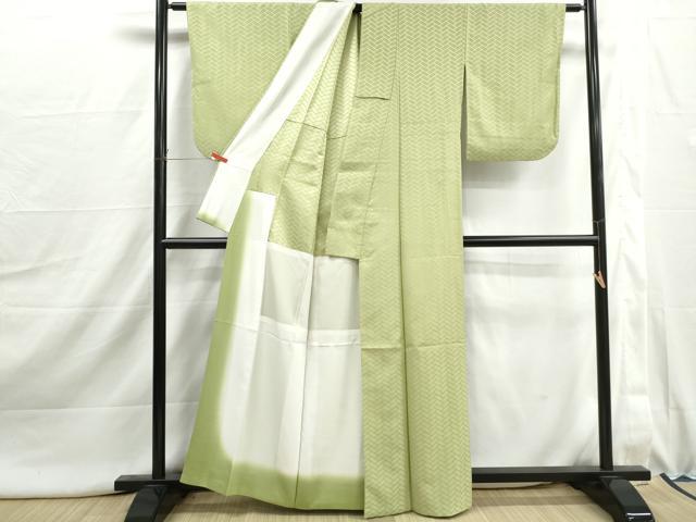 平和屋着物■色無地　檜垣地紋　若葉色　胴抜き仕立て　洗える着物　DABI1995qa