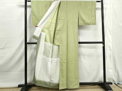 平和屋着物■色無地　檜垣地紋　若葉色　背抜き仕立て　洗える着物　DABI1997qa