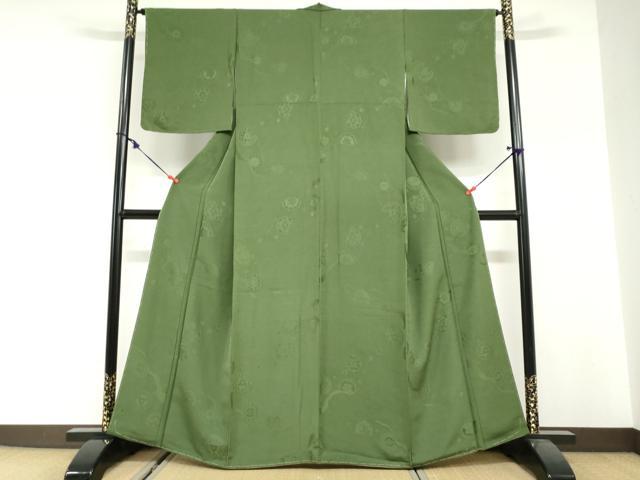 平和屋着物●上質な色無地　流水洋花地紋　苔色　正絹　逸品　未使用　DABI2005ud