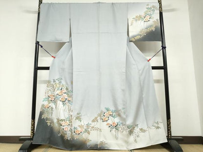 平和屋着物●訪問着　枝花文　暈し染め　金彩　銀通し地　正絹　逸品　DABI2014ud