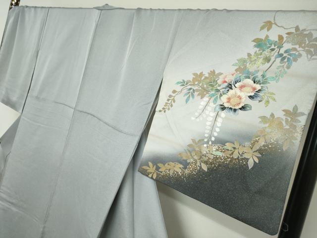 平和屋着物●訪問着　枝花文　暈し染め　金彩　銀通し地　正絹　逸品　DABI2014ud