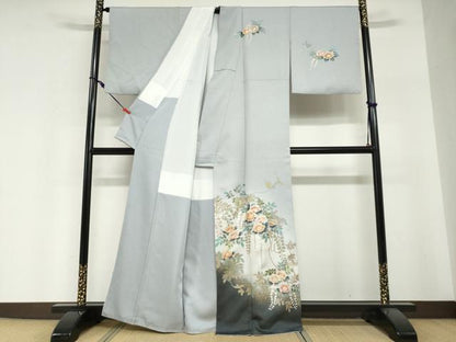 平和屋着物●訪問着　枝花文　暈し染め　金彩　銀通し地　正絹　逸品　DABI2014ud