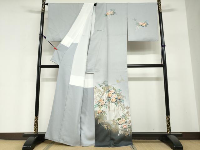 平和屋着物●訪問着　枝花文　暈し染め　金彩　銀通し地　正絹　逸品　DABI2014ud