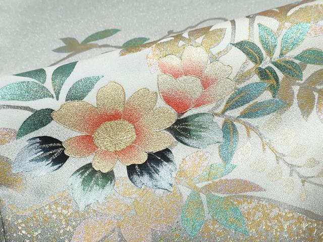平和屋着物●訪問着　枝花文　暈し染め　金彩　銀通し地　正絹　逸品　DABI2014ud