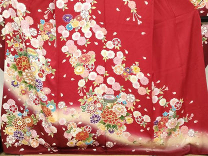 平和屋着物●豪華振袖　貝桶草花文　暈し染め　金彩　正絹　逸品　DABI2016ud