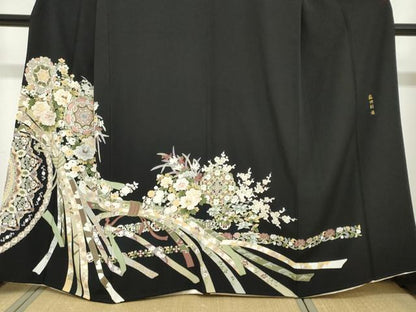 平和屋着物●中国三大刺繍　蘇州刺繍　総刺繍　黒留袖　束ね熨斗草花文　正絹　逸品　DABI2017ud