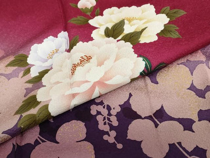 平和屋着物●豪華振袖　草花文　シルエット　暈し染め　金彩　正絹　逸品　DABI2026ud
